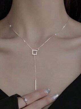 Silver Plated Stainless Steel Geometric Lariat Necklace Minimalist Drop Necklace